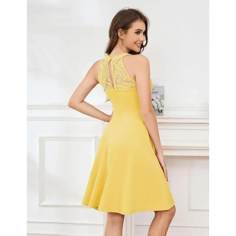 Fashion, accesorii si bijuterii - Femei - Imbracaminte femei - Rochii femei - Rochie eleganta, deasupra la genunchi, fara maneci, mulata, Galbena XL - Infinity.ro