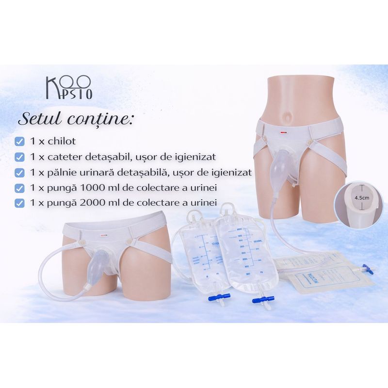 Ingrijire personala si Cosmetice - Ingrijire personala - Igiena intima - Scutece adulti si chiloti incontinenta - Set incontinenta urinara pentru femei, Koopsio, palnie urinara din silicon, 1000 ml si 2000 ml, marime ajustabila - Infinity.ro