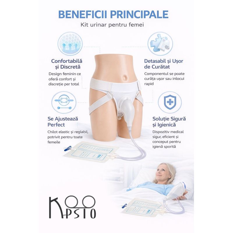 Ingrijire personala si Cosmetice - Ingrijire personala - Igiena intima - Scutece adulti si chiloti incontinenta - Set incontinenta urinara pentru femei, Koopsio, palnie urinara din silicon, 1000 ml si 2000 ml, marime ajustabila - Infinity.ro