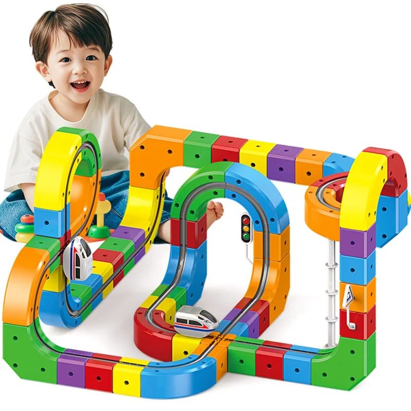 Jucarii, Copii si Bebe - Jucarii si jocuri - Vehicule si jucarii cu telecomanda - Trenulete de jucarie - Set trenulet electric Klick Rail cu pista flexibila magnetica 3D si constructie modulara pentru copii - Infinity.ro