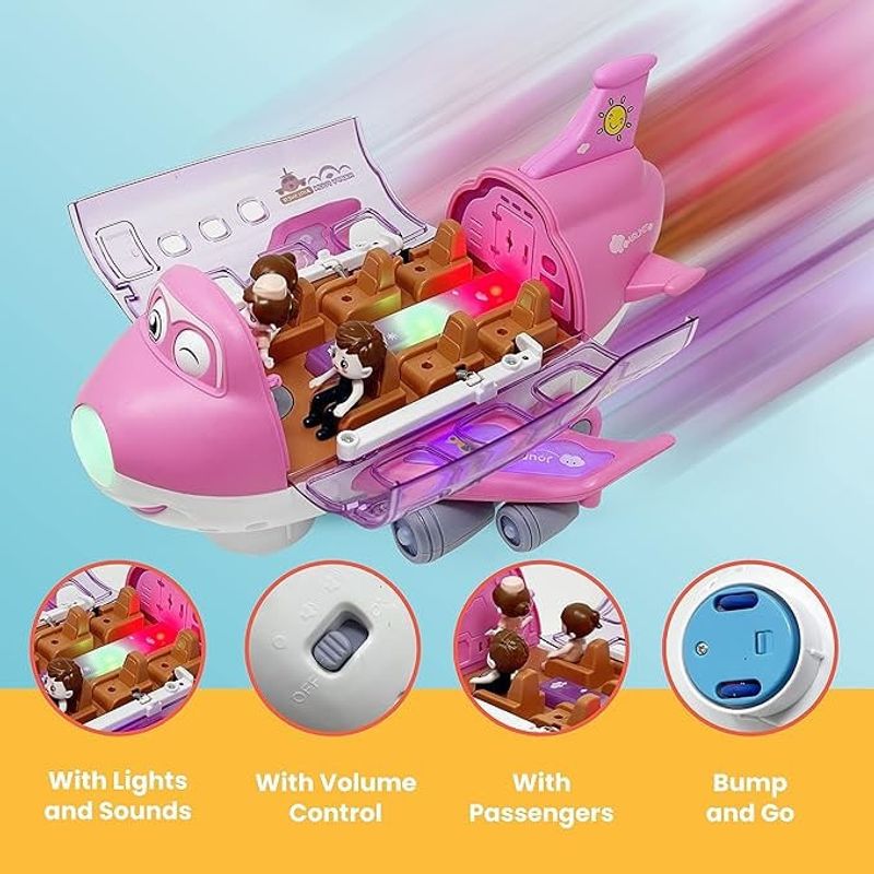 Jucarii, Copii si Bebe - Jucarii si jocuri - Vehicule si jucarii cu telecomanda - Elicoptere, avioane si nave de jucarie - Jucarie interactiva, Avion cu pasageri cu lumini si sunete culoare roz - Infinity.ro