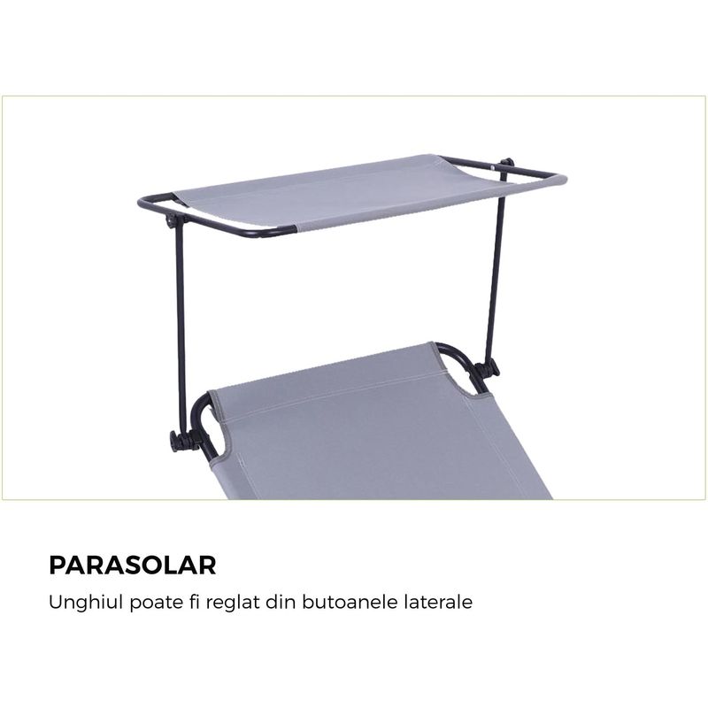 Casa si Gradina - Gradina si terasa - Mobilier exterior - Scaune si sezlonguri gradina - Sezlong pliabil Heinner cu parasolar, dimensiuni 186X55X24 cm, gri - Infinity.ro