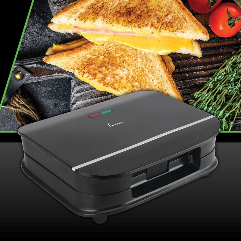 Electronice si Electrocasnice - Electrocasnice bucatarie - Preparare paine - Sandwich-maker - Sandwich maker FRAM FSM-700BK, 700W, placi antiadezive, Negru - Infinity.ro