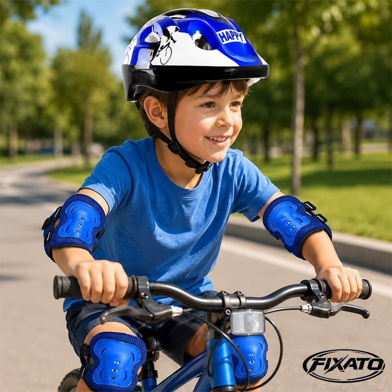 Sport si Outdoor - Echipament Sportiv - Accesorii echipament sportiv - Casti de protectie - Set Protectie pentru Copii FIXATO, Casca 7 in 1 pentru 3-14 ani, Genunchiere, Cotiere, Aparatori Incheieturi, pentru Bicicleta, Role, Albastru - Infinity.ro