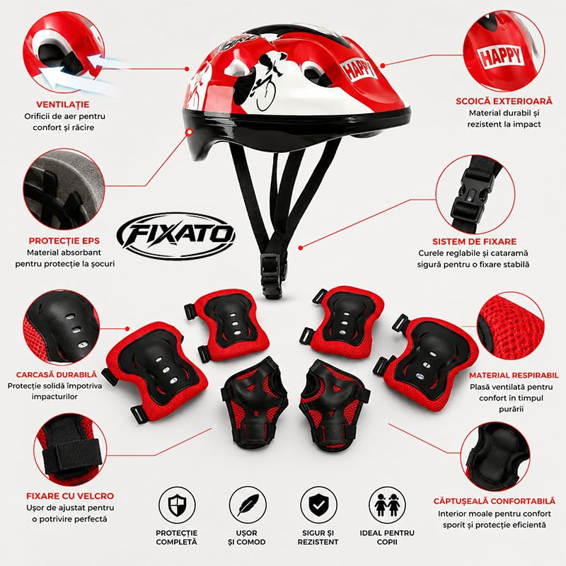 Sport si Outdoor - Echipament Sportiv - Accesorii echipament sportiv - Casti de protectie - Set Protectie pentru Copii, Casca 7 in 1 pentru 3-14 ani, Genunchiere, Cotiere, Aparatori Incheieturi, Rosu - Infinity.ro
