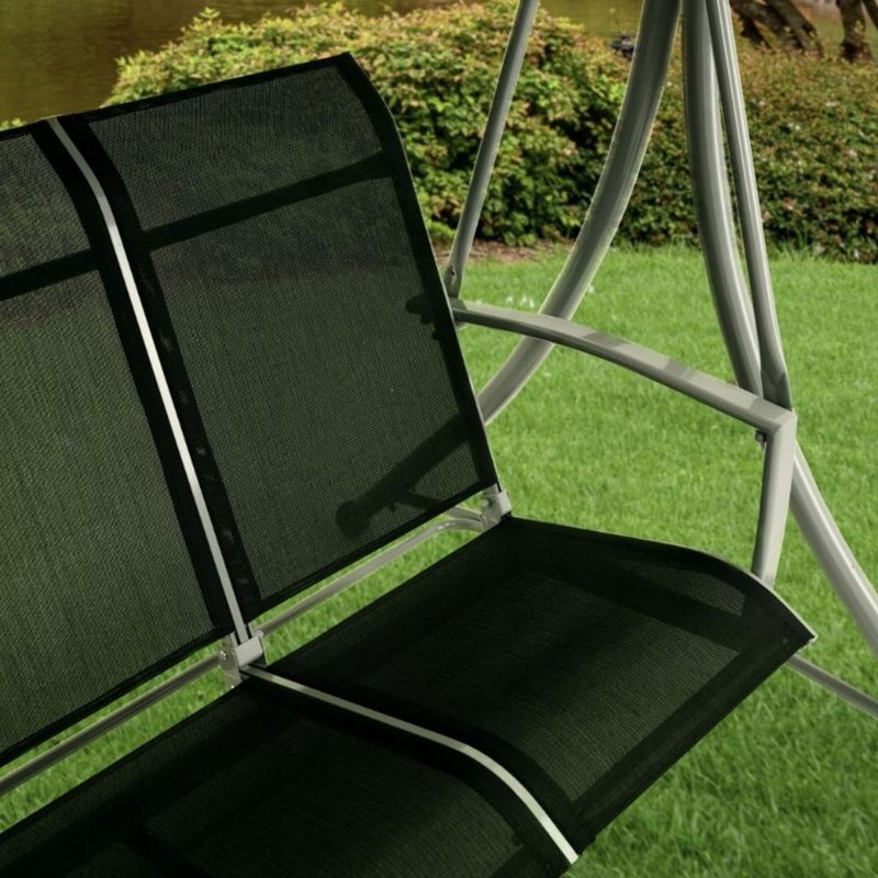 Casa si Gradina - Gradina si terasa - Balansoare si hamace - Balansoare - Balansoar de gradina 3 locuri cu acoperis reglabil, 196 cm, cadru metalic si textilena, negru/gri - Infinity.ro