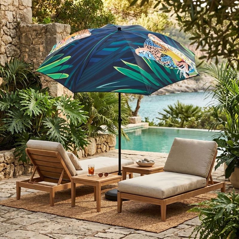 Casa si Gradina - Gradina si terasa - Umbrele si pavilioane - Umbrele - Umbrela de plaja, Jumi, model leopard cu frunze tropicale, 200 cm - Infinity.ro