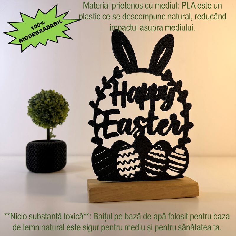Casa si Gradina - Decoratiuni - Decoratiuni de sezon - Decoratiune de Paste, Happy Easter, Eco-friendly, Baza din Lemn Natural, Negru, 22.5 cm - Infinity.ro