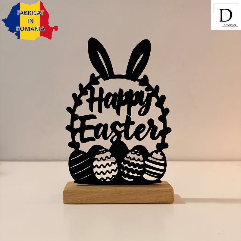 Casa si Gradina - Decoratiuni - Decoratiuni de sezon - Decoratiune de Paste, Happy Easter, Eco-friendly, Baza din Lemn Natural, Negru, 22.5 cm - Infinity.ro