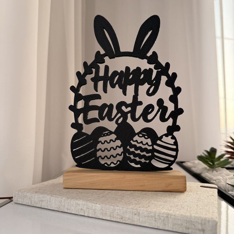 Casa si Gradina - Decoratiuni - Decoratiuni de sezon - Decoratiune de Paste, Happy Easter, Eco-friendly, Baza din Lemn Natural, Negru, 22.5 cm - Infinity.ro