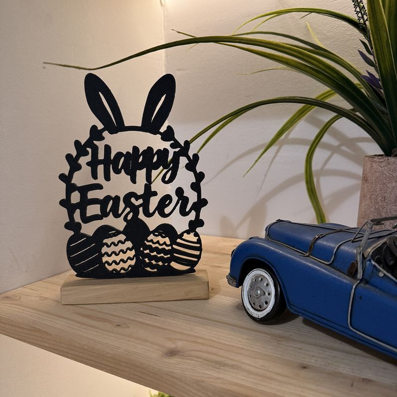 Casa si Gradina - Decoratiuni - Decoratiuni de sezon - Decoratiune de Paste, Happy Easter, Eco-friendly, Baza din Lemn Natural, Negru, 22.5 cm - Infinity.ro