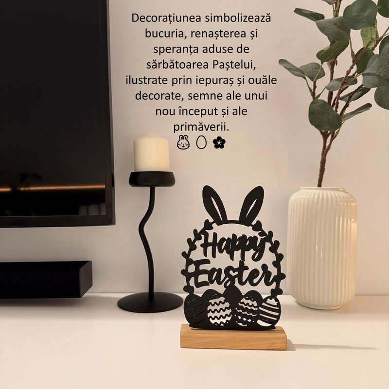 Casa si Gradina - Decoratiuni - Decoratiuni de sezon - Decoratiune de Paste, Happy Easter, Eco-friendly, Baza din Lemn Natural, Negru, 22.5 cm - Infinity.ro