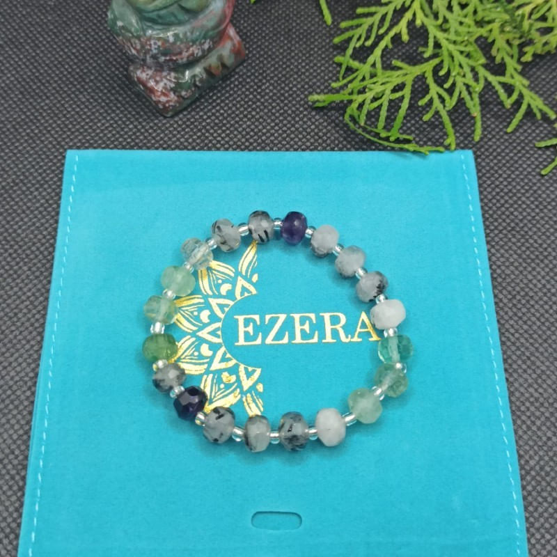 Fashion, accesorii si bijuterii - Femei - Bijuterii femei - Bratari femei - Bratara cristale femei Leonora, cu pietre semipretioase de Fluorit si Cuart Rutilat, magele fatetate de 6mm - Infinity.ro