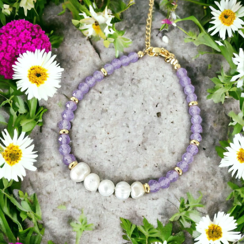 Fashion, accesorii si bijuterii - Femei - Bijuterii femei - Bratari femei - Bratara prieteniei Natya din cristale de Ametist si Perle Naturale - Infinity.ro
