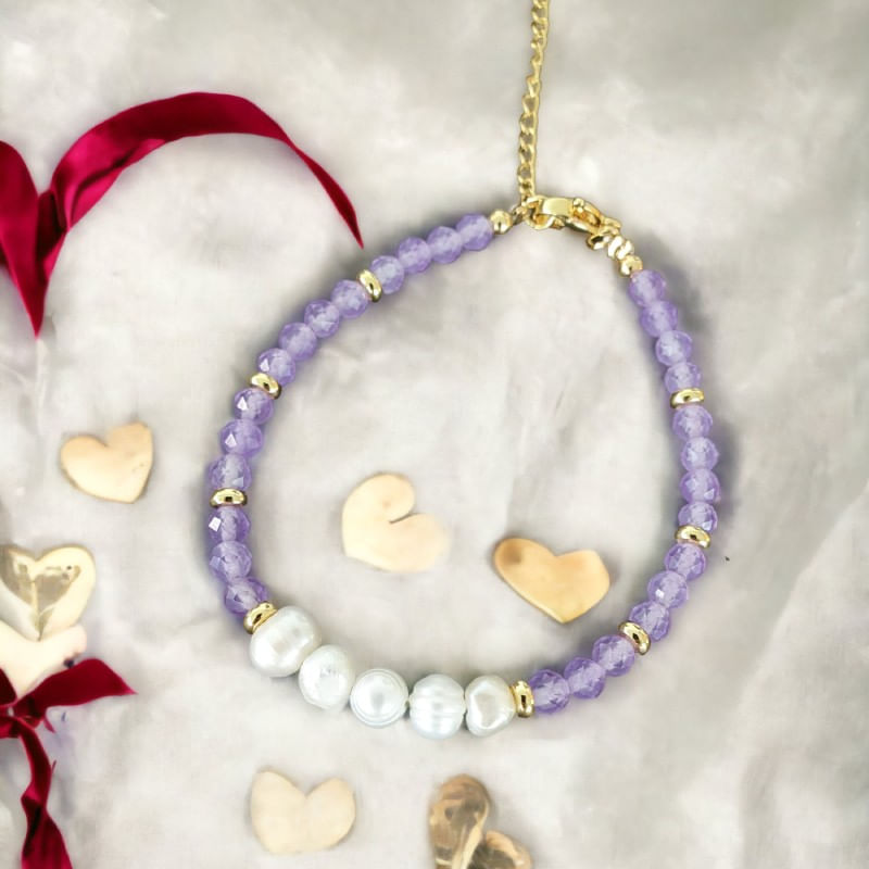 Fashion, accesorii si bijuterii - Femei - Bijuterii femei - Bratari femei - Bratara prieteniei Natya din cristale de Ametist si Perle Naturale - Infinity.ro