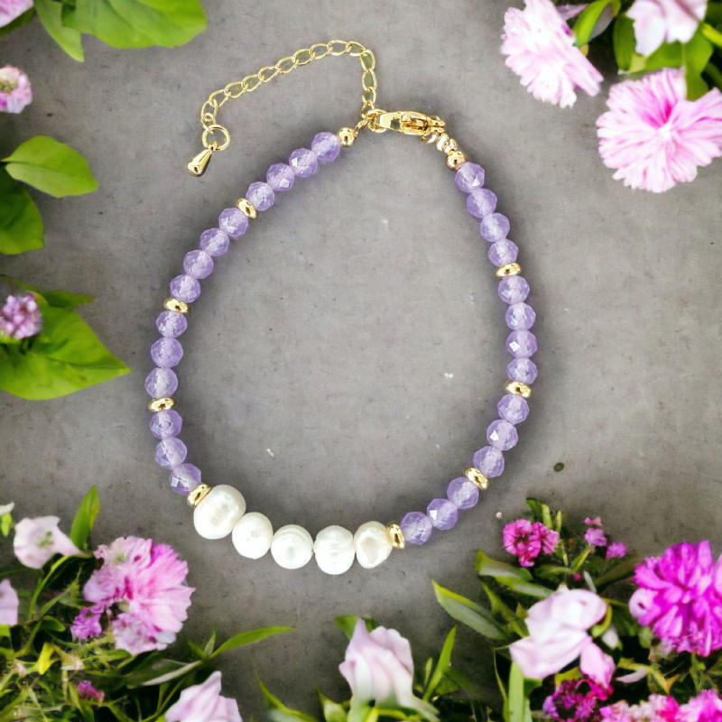 Fashion, accesorii si bijuterii - Femei - Bijuterii femei - Bratari femei - Bratara prieteniei Natya din cristale de Ametist si Perle Naturale - Infinity.ro