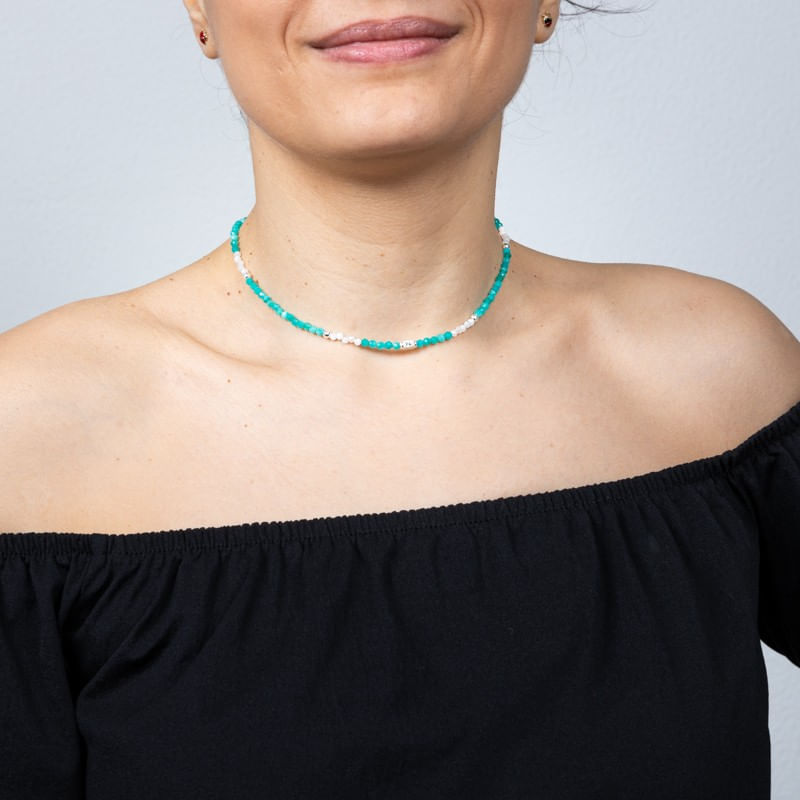 Fashion, accesorii si bijuterii - Femei - Bijuterii femei - Coliere femei - Colier choker Anadi din pietre semipretioase de Amazonit si Piatra Lunii, inchidere si accesorii din argint 925 - Infinity.ro