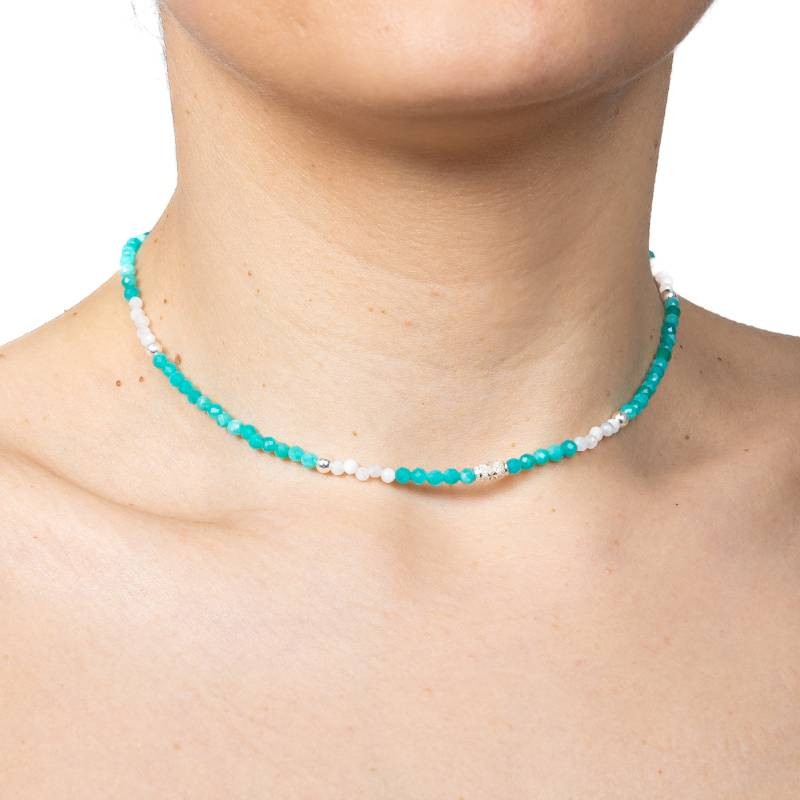 Fashion, accesorii si bijuterii - Femei - Bijuterii femei - Coliere femei - Colier choker Anadi din pietre semipretioase de Amazonit si Piatra Lunii, inchidere si accesorii din argint 925 - Infinity.ro