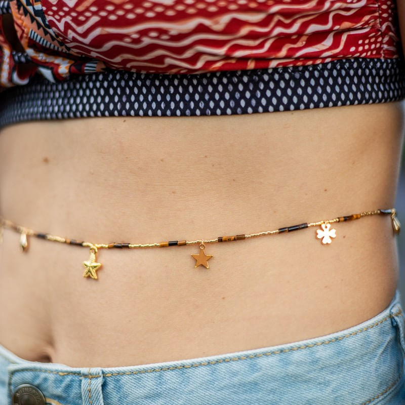Fashion, accesorii si bijuterii - Femei - Accesorii femei - Alte accesorii femei - Lant de talie/Corp versatil din cristale de Ochi de Tigru, placat cu aur de 18K - Infinity.ro