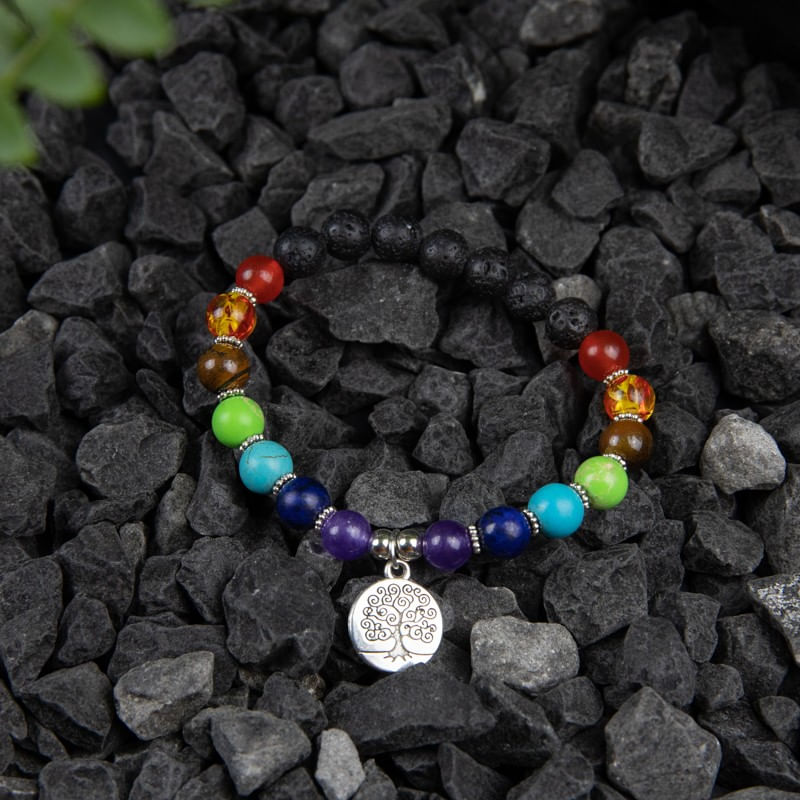 Fashion, accesorii si bijuterii - Femei - Bijuterii femei - Bratari femei - Bratara 7 Chakre aromaterapie ”THALIA” cu Pietre Vulcanice (din Lava) si Accesoriu Copacul Vietii - Infinity.ro