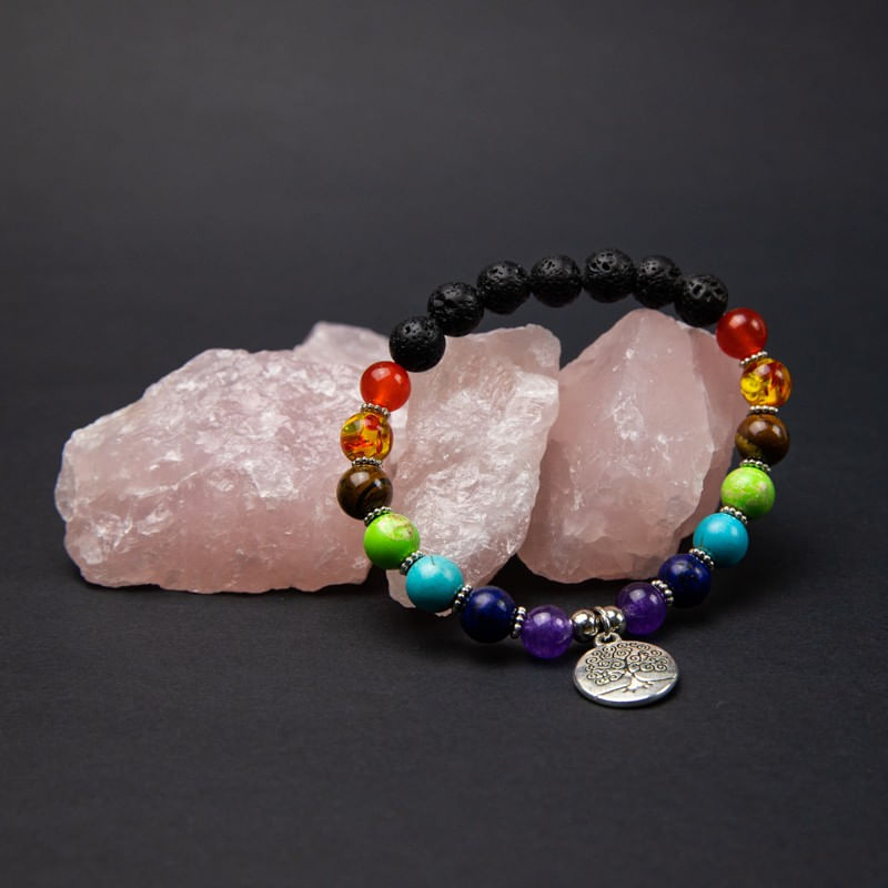Fashion, accesorii si bijuterii - Femei - Bijuterii femei - Bratari femei - Bratara 7 Chakre aromaterapie ”THALIA” cu Pietre Vulcanice (din Lava) si Accesoriu Copacul Vietii - Infinity.ro