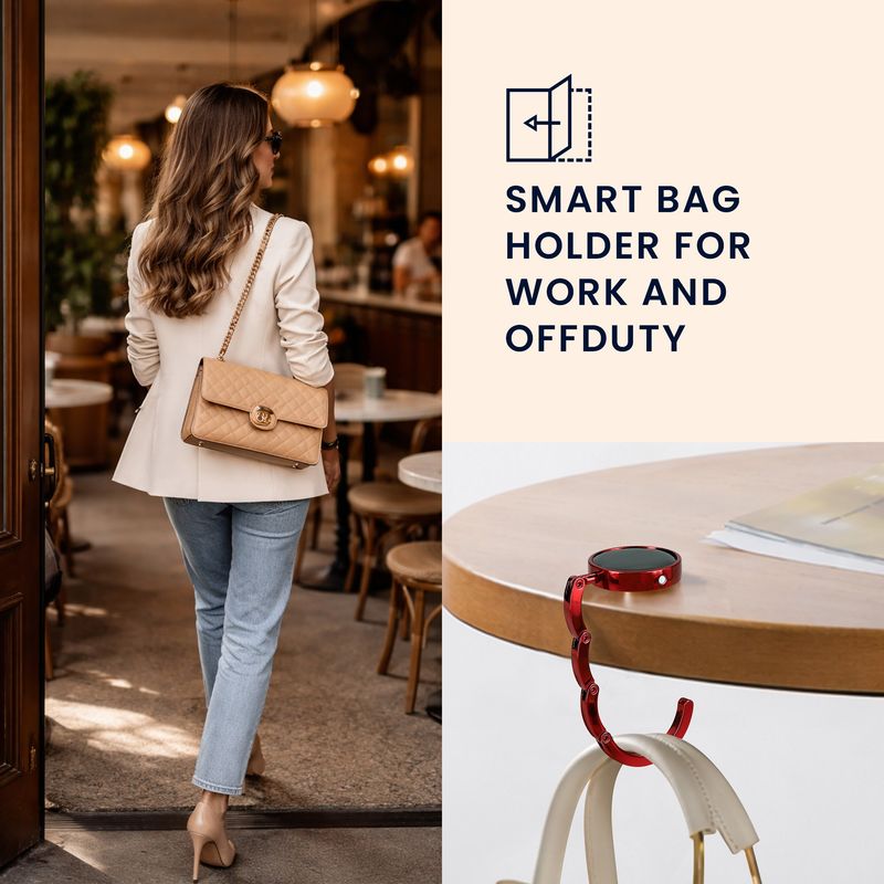 Casa si Gradina - Mobilier - Feronerie si accesorii mobila - Set 2 carlige de masa pentru geanta Kwmobile, inchidere magnetica, pliabile, anti-alunecare, metal, argintiu, rosu - Infinity.ro