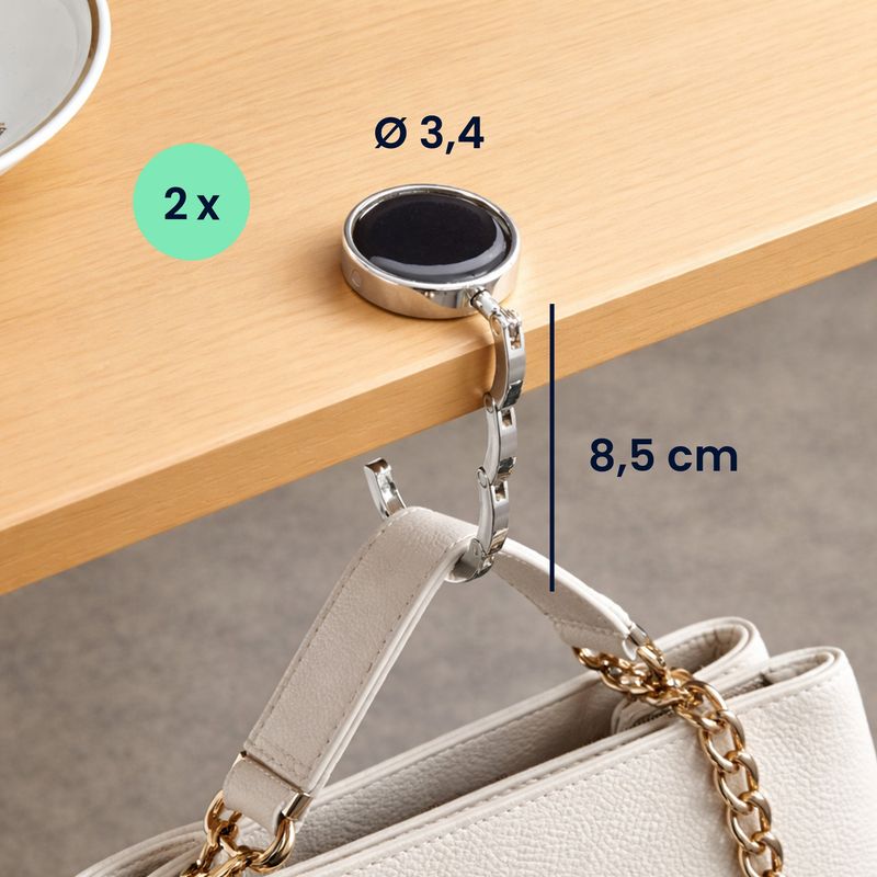 Casa si Gradina - Mobilier - Feronerie si accesorii mobila - Set 2 carlige de masa pentru geanta Kwmobile, inchidere magnetica, pliabile, anti-alunecare, metal, negru, argintiu - Infinity.ro