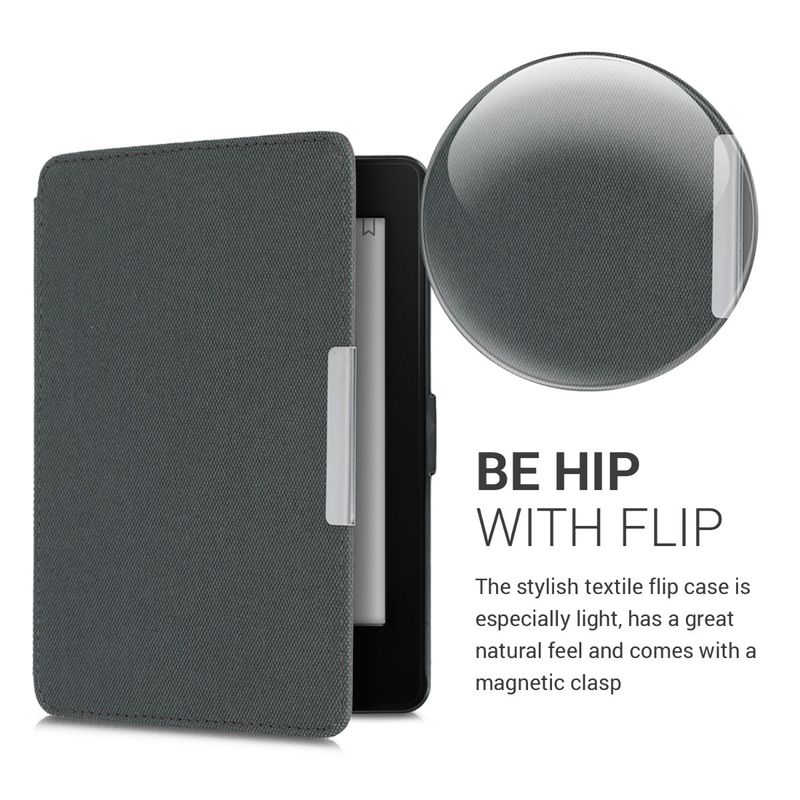 Laptop, Telefoane si Tablete - Ebook reader si accesorii - Accesorii eBook Reader - Husa Kwmobile pentru Amazon Kindle Paperwhite 1, 2, 3 (2012-2017), inchidere magnetica, functie Sleep/Wake, nailon, gri - Infinity.ro