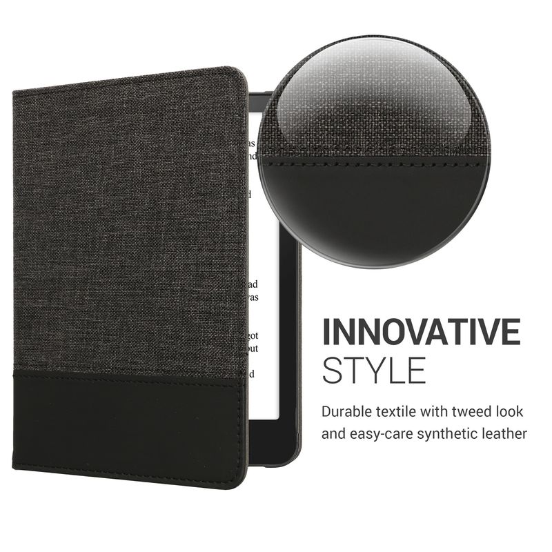 Laptop, Telefoane si Tablete - Ebook reader si accesorii - Accesorii eBook Reader - Husa Kwmobile pentru Amazon Kindle Paperwhite 12 (2024), Colorsoft, inchidere magnetica, antisoc, panza, gri, negru - Infinity.ro