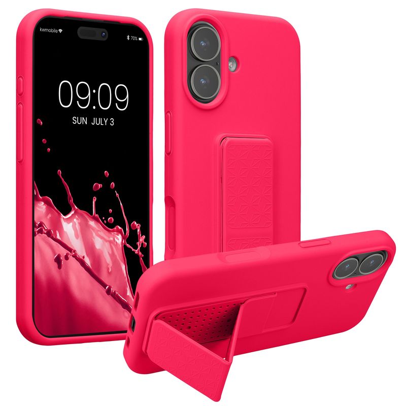 Laptop, Telefoane si Tablete - Telefoane mobile si accesorii - Accesorii Telefoane - Huse telefoane - Husa Kwmobile pentru iPhone 17, functie stand, silicon, roz neon - Infinity.ro