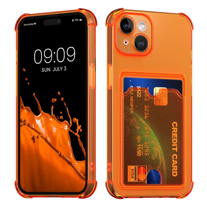 Laptop, Telefoane si Tablete - Telefoane mobile si accesorii - Accesorii Telefoane - Huse telefoane - Husa Kwmobile pentru iPhone 15, buzunar card, TPU, portocaliu, transparent - Infinity.ro