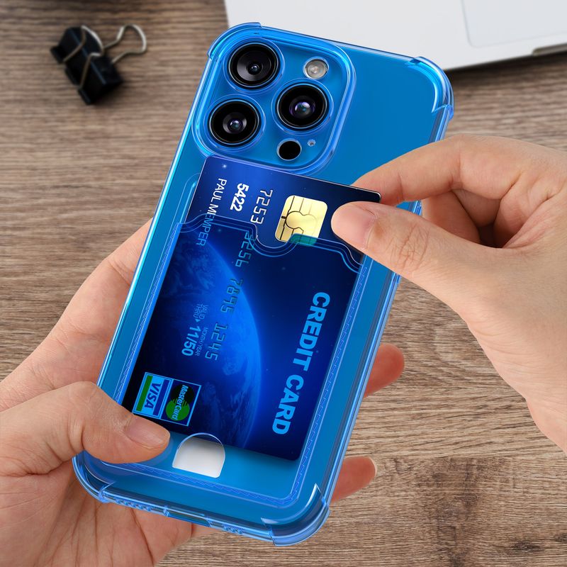 Laptop, Telefoane si Tablete - Telefoane mobile si accesorii - Accesorii Telefoane - Huse telefoane - Husa Kwmobile pentru iPhone 15 Pro, buzunar card, TPU, albastru, transparent - Infinity.ro