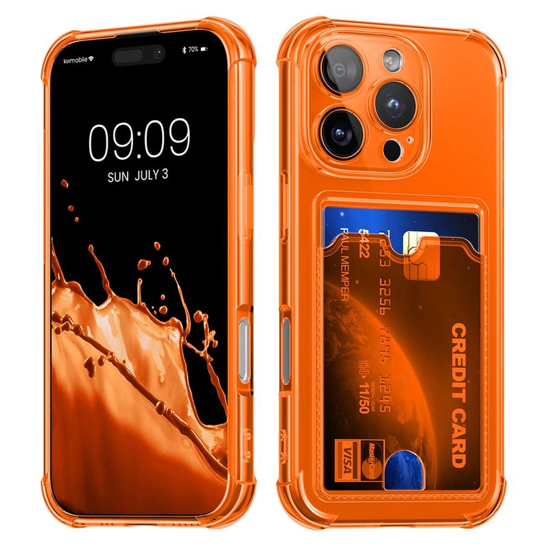 Laptop, Telefoane si Tablete - Telefoane mobile si accesorii - Accesorii Telefoane - Huse telefoane - Husa Kwmobile pentru iPhone 16 Pro, buzunar card, TPU, portocaliu, transparent - Infinity.ro