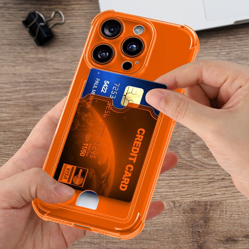 Laptop, Telefoane si Tablete - Telefoane mobile si accesorii - Accesorii Telefoane - Huse telefoane - Husa Kwmobile pentru iPhone 16 Pro, buzunar card, TPU, portocaliu, transparent - Infinity.ro