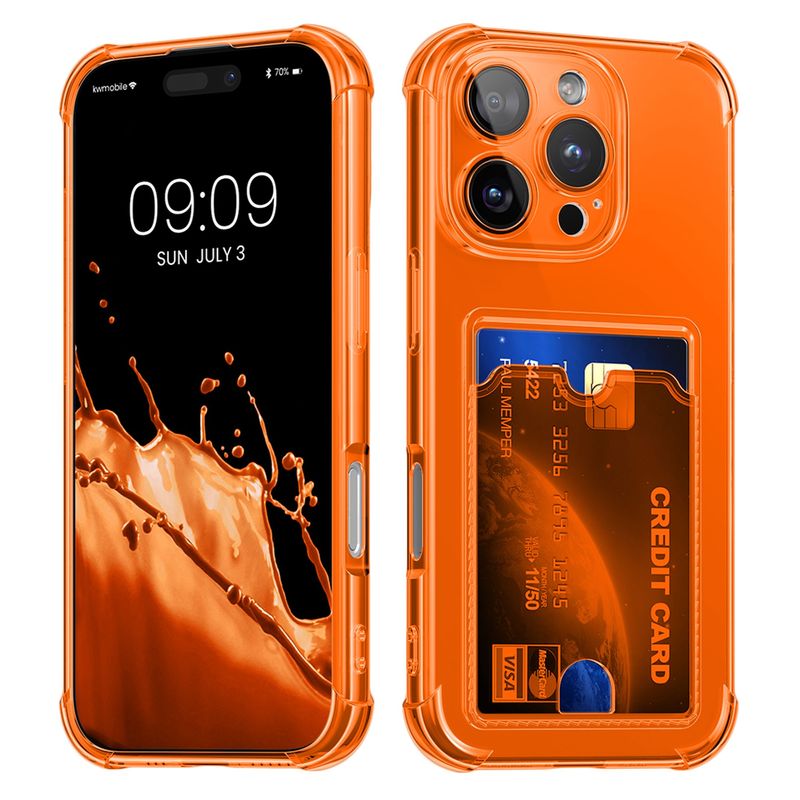 Laptop, Telefoane si Tablete - Telefoane mobile si accesorii - Accesorii Telefoane - Huse telefoane - Husa Kwmobile pentru iPhone 16 Pro Max, buzunar card, TPU, portocaliu, transparent - Infinity.ro