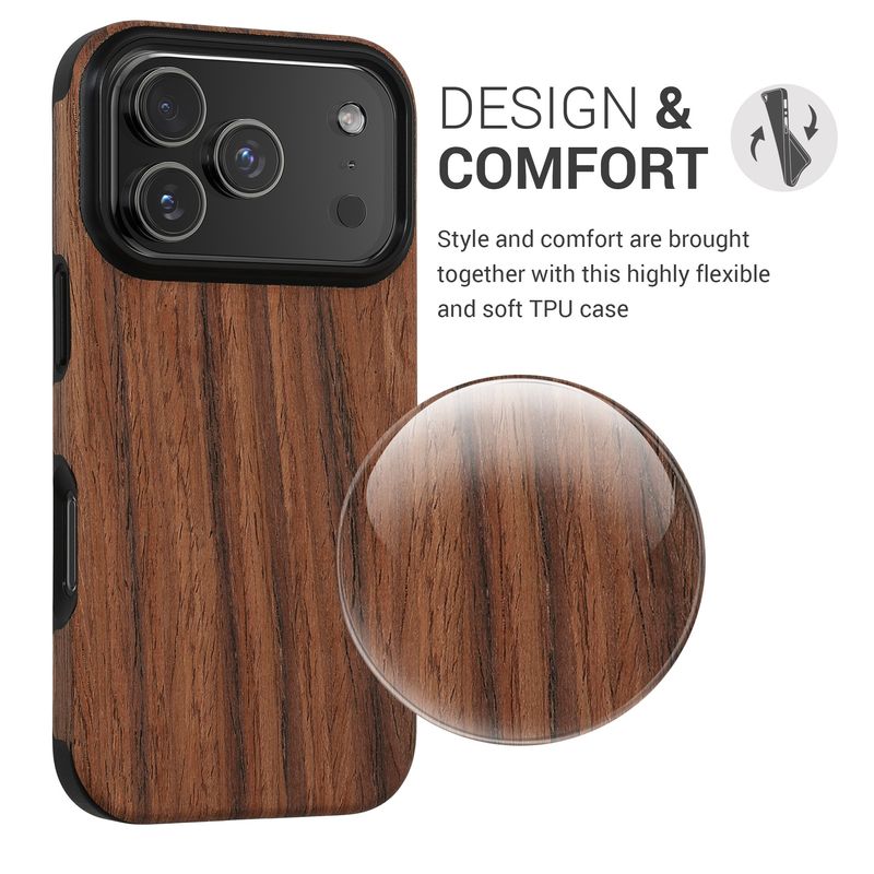 Laptop, Telefoane si Tablete - Telefoane mobile si accesorii - Accesorii Telefoane - Huse telefoane - Husa Kwmobile pentru iPhone 17 Pro, anti-alunecare, lemn, TPU, aspect maro - Infinity.ro
