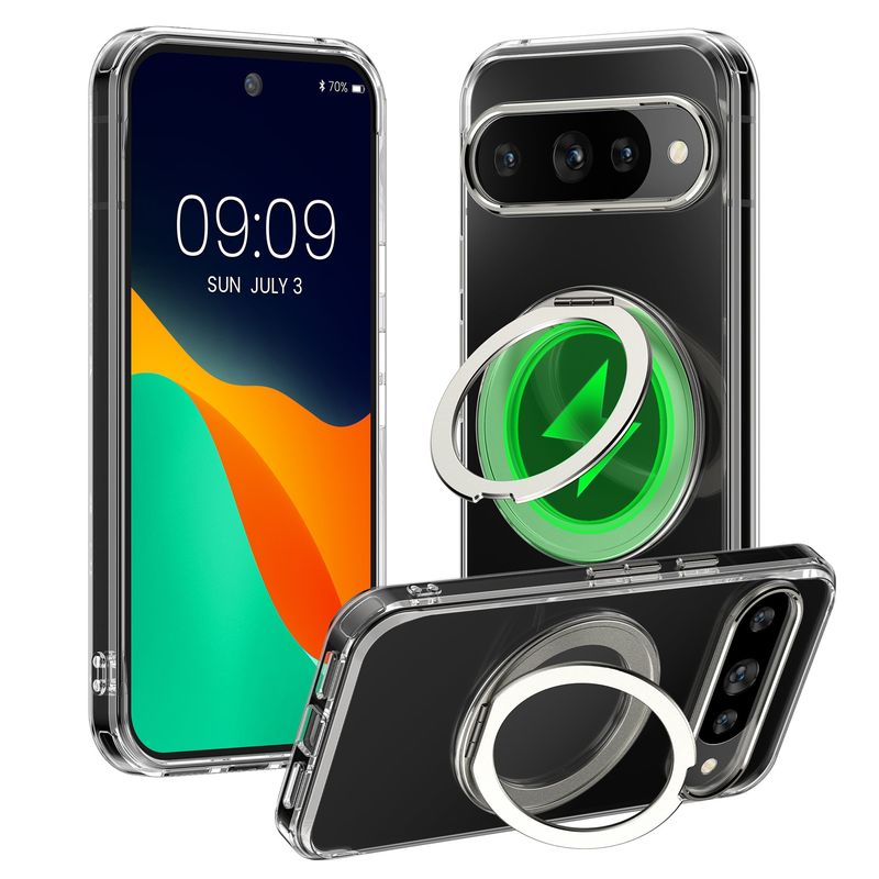 Laptop, Telefoane si Tablete - Telefoane mobile si accesorii - Accesorii Telefoane - Huse telefoane - Husa cu suport Kalibri pentru Google Pixel 10/Pixel 10 Pro, compatibil MagSafe, plastic, aluminiu, argintiu, transparent - Infinity.ro