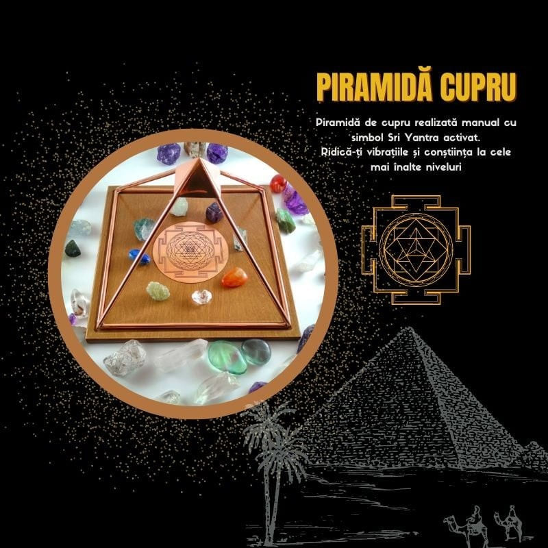 Casa si Gradina - Decoratiuni - Obiecte decorative - Accesorii decorative - Piramida cupru realizata manual cu diagrama sacra Sri Yantra, pentru incarcare, energizare, 21.7 cm - Infinity.ro