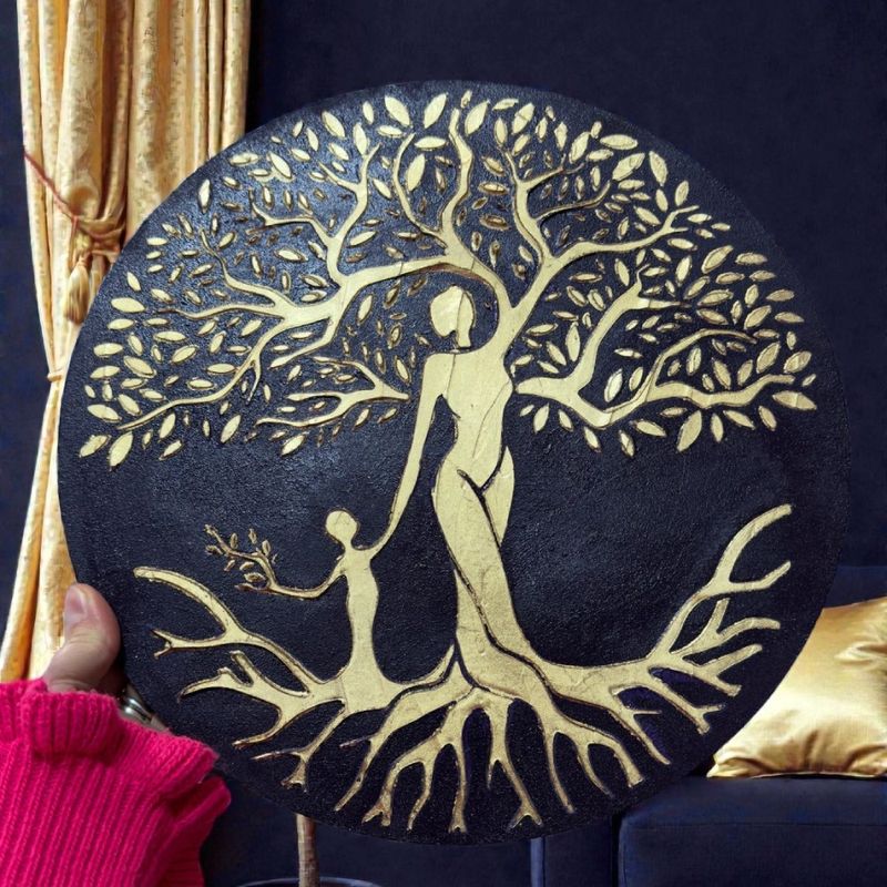 Casa si Gradina - Decoratiuni - Tablouri - Tablou pictat manual-Radacini pentru tine, aripi pentru maine- Mama si copilul, auriu - Infinity.ro
