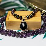 Fashion, accesorii si bijuterii - Femei - Bijuterii femei - Coliere femei - Colier Mantra Mala Kiaan, cu 108 margele Mala, pietre semipretioase de Ametist si Onix - Infinity.ro