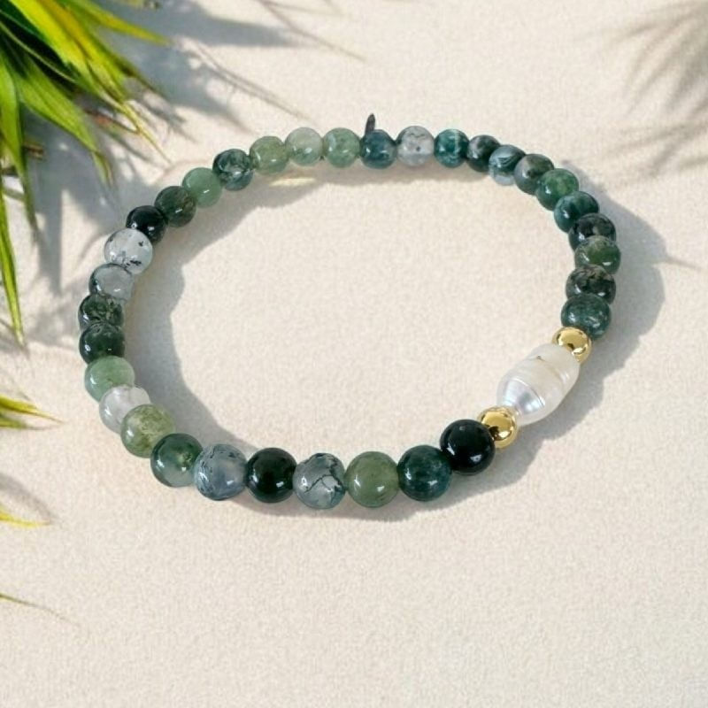 Fashion, accesorii si bijuterii - Femei - Bijuterii femei - Bratari femei - Bratara dama Samanta cu cristale Moss Agate cu Perla si accesorii din argint placat cu aur - Infinity.ro