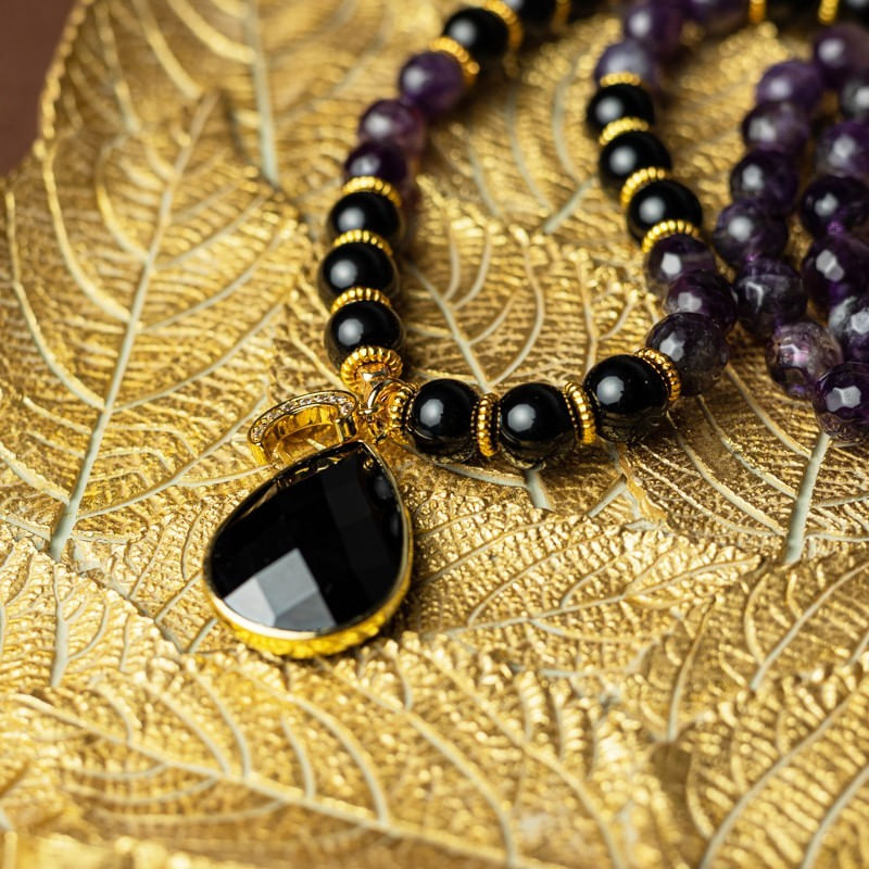 Fashion, accesorii si bijuterii - Femei - Bijuterii femei - Coliere femei - Colier Mantra Mala Kiaan, cu 108 margele Mala, pietre semipretioase de Ametist si Onix - Infinity.ro