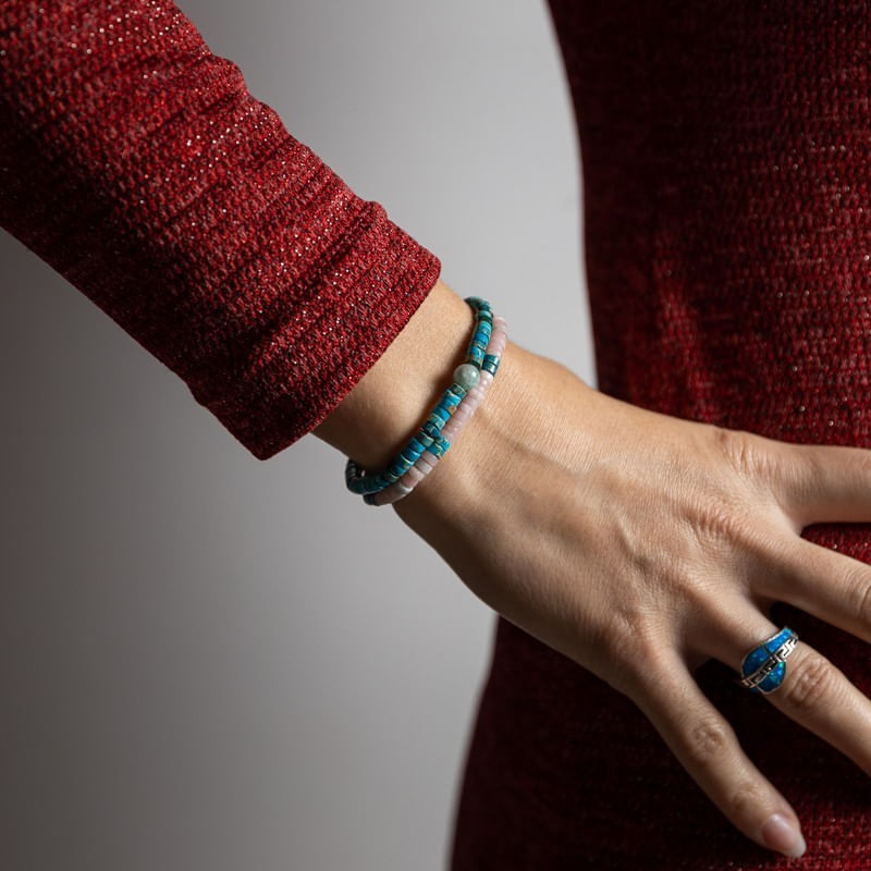 Fashion, accesorii si bijuterii - Femei - Bijuterii femei - Bratari femei - Set 2 bratari handmade Krishna dama din pietre naturale de Jasp Turcoaz Sediment Marin si Jasp Roz - Infinity.ro