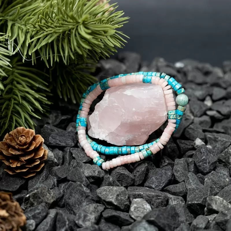 Fashion, accesorii si bijuterii - Femei - Bijuterii femei - Bratari femei - Set 2 bratari handmade Krishna dama din pietre naturale de Jasp Turcoaz Sediment Marin si Jasp Roz - Infinity.ro