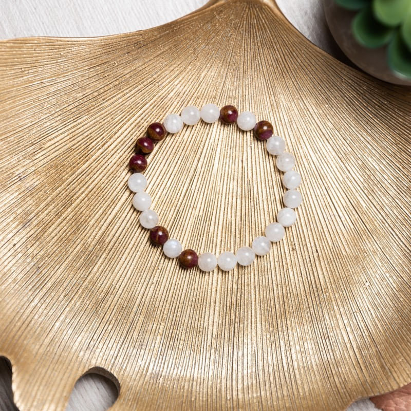 Fashion, accesorii si bijuterii - Femei - Bijuterii femei - Bratari femei - Bratara pietre semipretioase Piatra Lunii si Cloisonne Rosu pentru femei, Kamari, margele de 6mm - Infinity.ro
