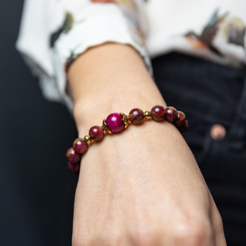 Fashion, accesorii si bijuterii - Femei - Bijuterii femei - Bratari femei - Bratara fete Karina din margele Cloisonne Rosii si Ochi de Tigru, margele de 8mm - Infinity.ro
