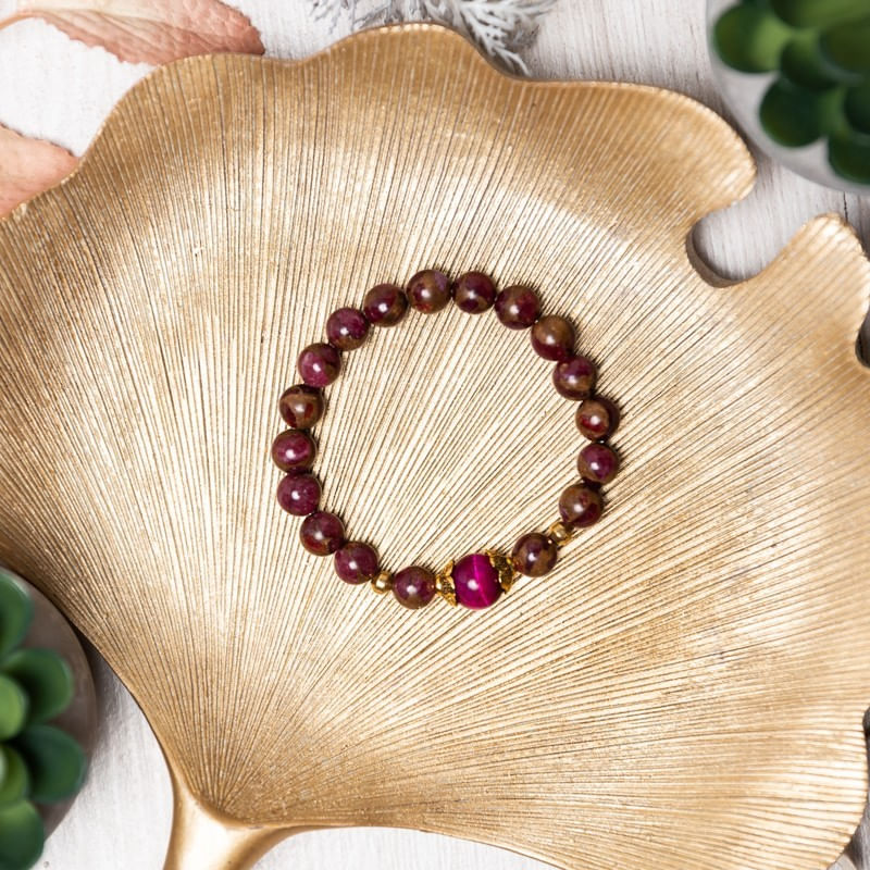 Fashion, accesorii si bijuterii - Femei - Bijuterii femei - Bratari femei - Bratara fete Karina din margele Cloisonne Rosii si Ochi de Tigru, margele de 8mm - Infinity.ro