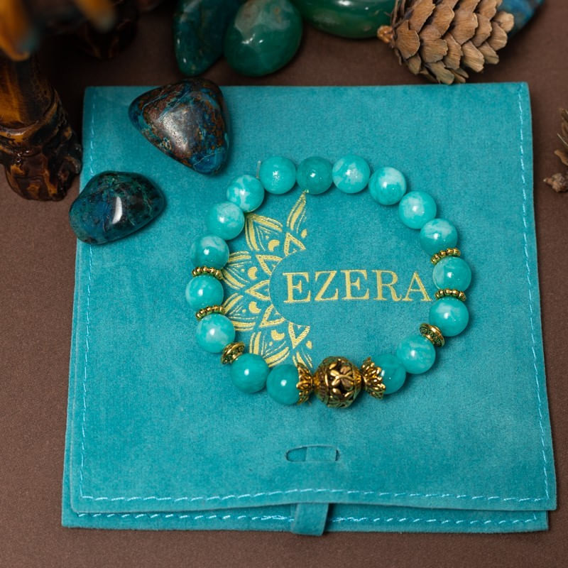 Fashion, accesorii si bijuterii - Femei - Bijuterii femei - Bratari femei - Indra, bratara dama realizata manual din cristale de Amazonit cu accesorii aurii - Infinity.ro