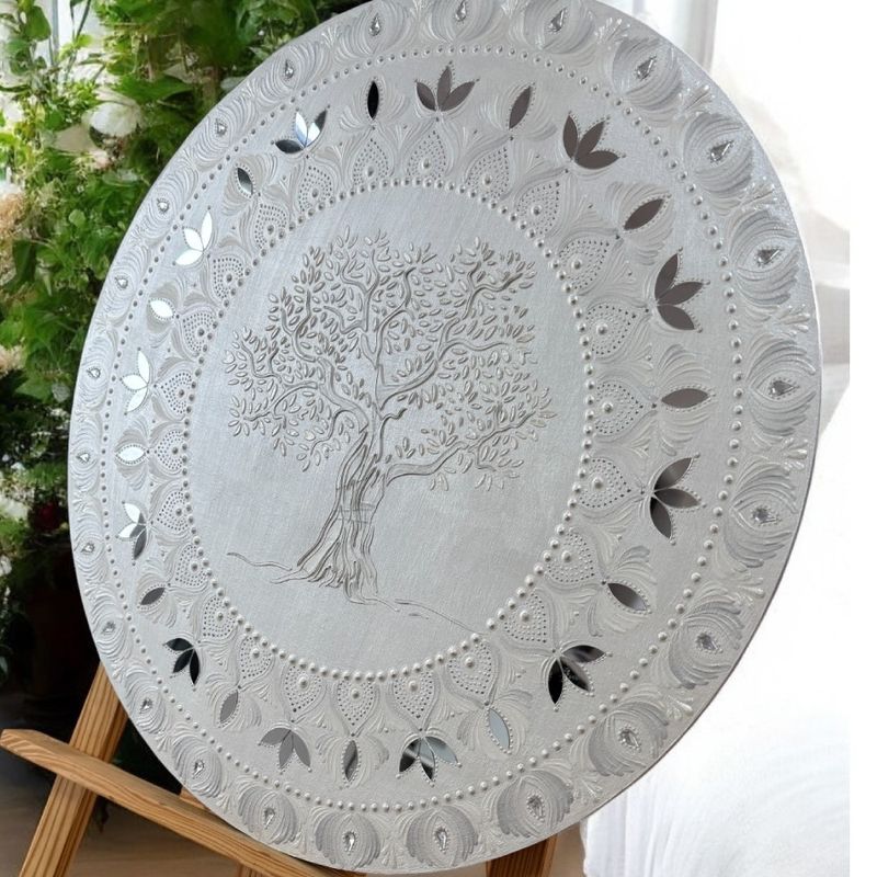 Casa si Gradina - Decoratiuni - Tablouri - Tablou Mandala Unicat pictat manual in culori alb-gri-argintiu, cu Copacul Vietii si oglinzi, 60 cm - Infinity.ro