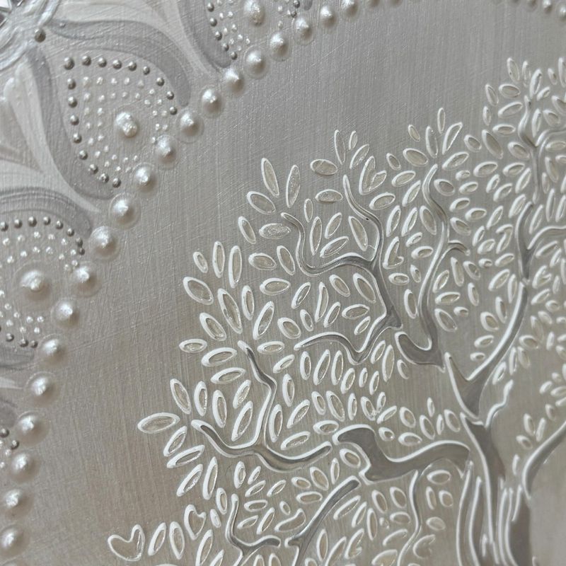 Casa si Gradina - Decoratiuni - Tablouri - Tablou Mandala Unicat pictat manual in culori alb-gri-argintiu, cu Copacul Vietii si oglinzi, 60 cm - Infinity.ro